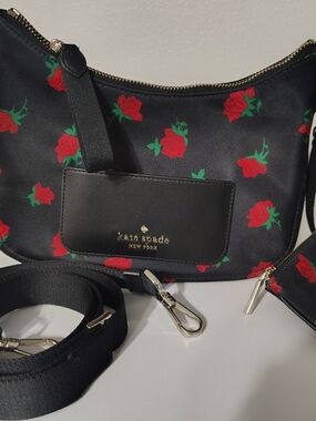kate spade Black Red Rose Print3d Crossbody Bag